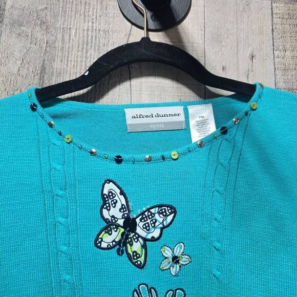 Alfred Dunner Knit Pullover Sweater Turquoise Butterflies Sequin Embroidery NWT - Picture 2 of 6